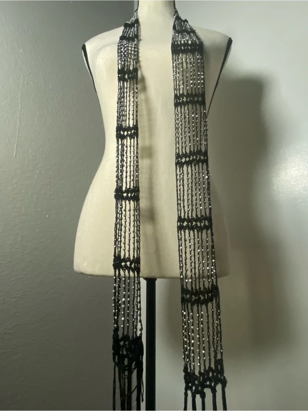 Y2K Black & Silver Beaded Crochet Fringe Skinny Scarf - Picture 2 of 5